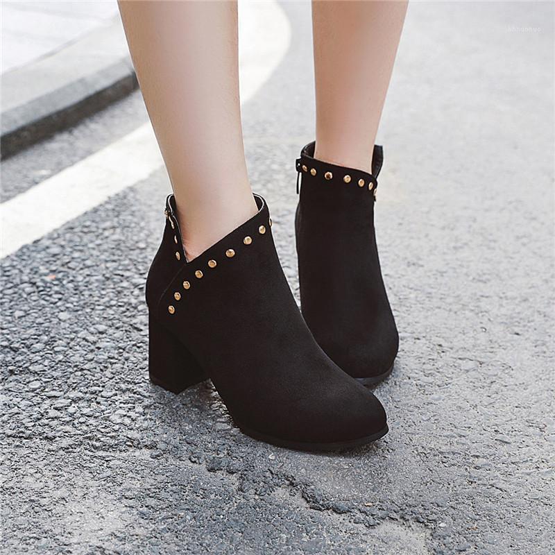 

YMECHIC 2021 new Autumn Spring Rivet Ankle Boots Block High Heels Womens Shoes Black Yellow Bootie Large Size Short Womens Boots1