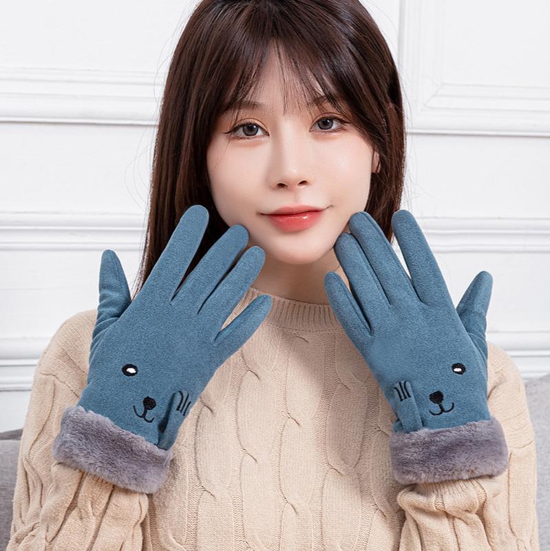 

Five Fingers Gloves Winter Suede Touch Screen For Ladies Outdoor Riding Cute Furry Warm