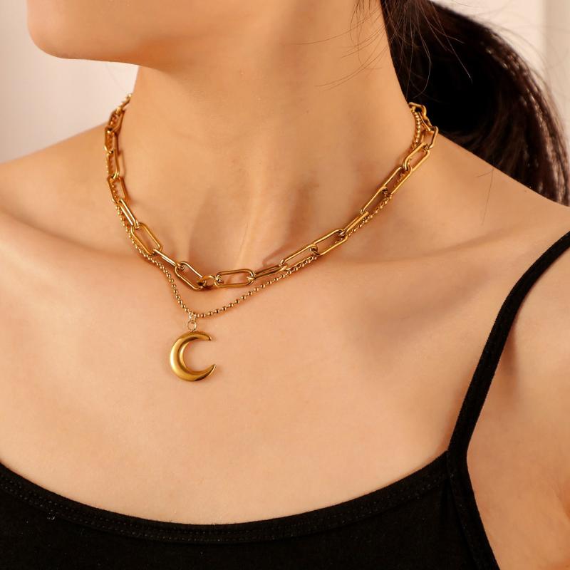 

Fashion Multi-layer Metal Clavicle Chain Moon Pendant Charming Necklace Big Chain Streetwear Women Valentine's Day Jewelry Gift