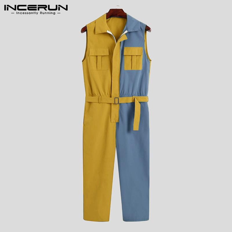 

Men Sleeveless Jumpsuits Casual Patchwork Zipper Rompers Man Fashion Multi Pocket Cargo Overalls Male Causal Pants INCERUN 5XL 7, Blue
