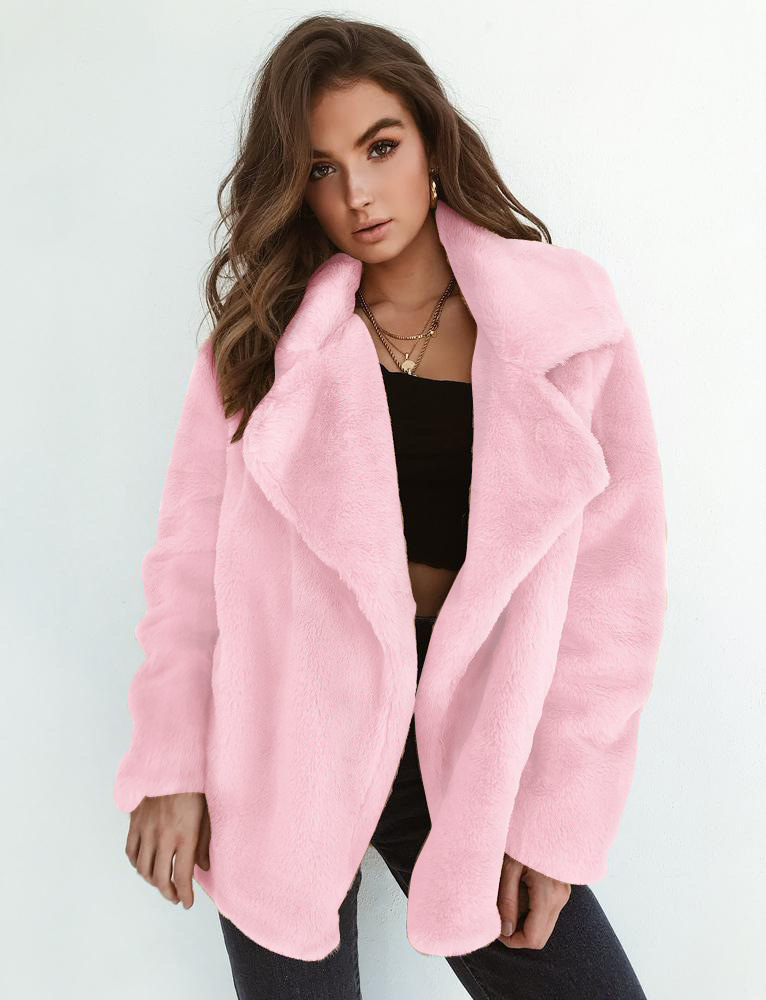 

2021 New Winter Fashion Soft Sexy Fur Coat Turn Down Warm Turn-down Collar Outwear Female Pink Flannel Coats MVZB, Black