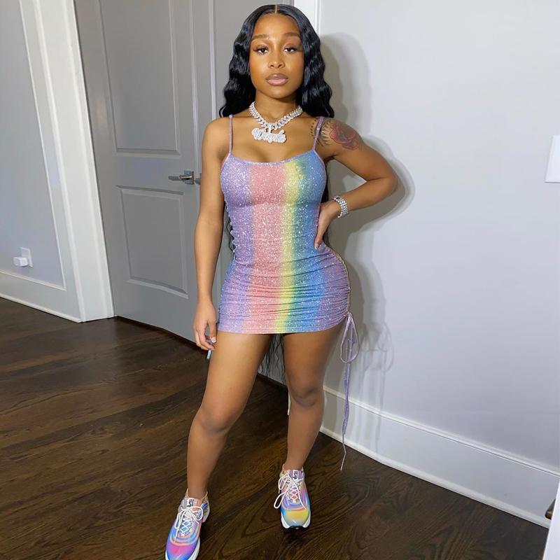 

Sexy Bodycon Spaghetti Strap Sparkly Ruched Holographic Dress for Women Elegant Womens Rainbow Party Club Mini Glitter Dress, Version 1