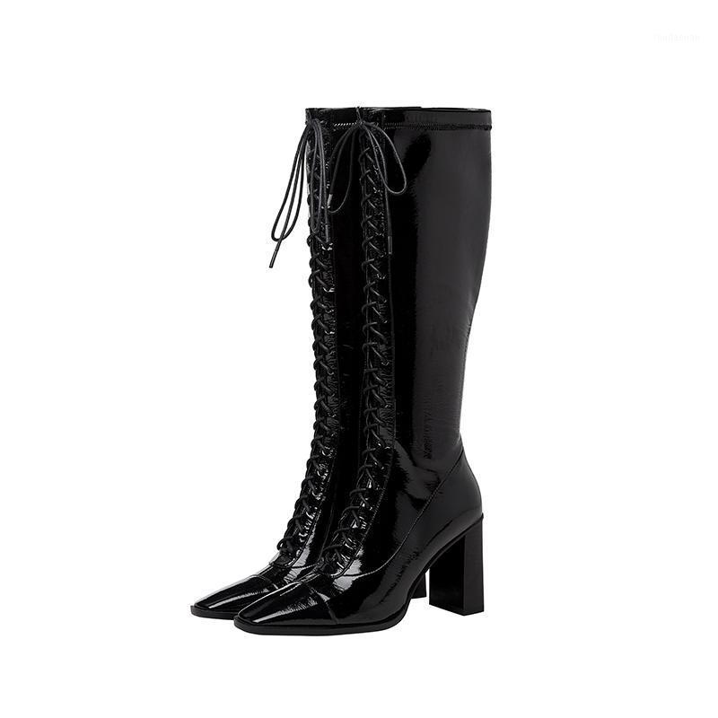 

Prova Perfetto 2020 Elegant Lace-Up Woman Boots Genuine Leather Black Motorcycle Boots Square Heel Fashion Woman Shoes Sexy1