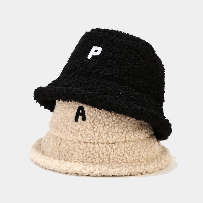 

Korean Japanese Letter A Lamb Fur Fisherman's Hat Women Winter Warm Thickened Bob Hat Outdoor Bucket Panama, Black