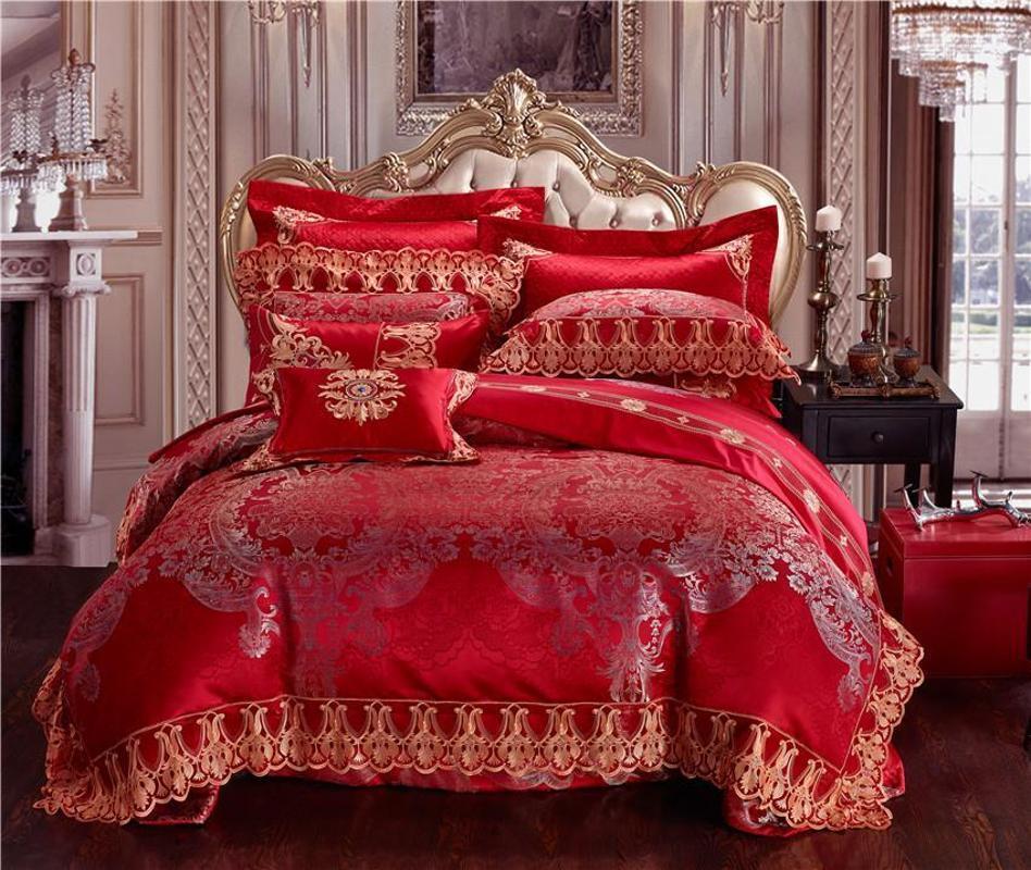 

30 Luxury Cotton Satin Lace Red Wedding Bedding set Queen King size Duvet cover Bed/Flat sheet bed spread set Pillowcase1