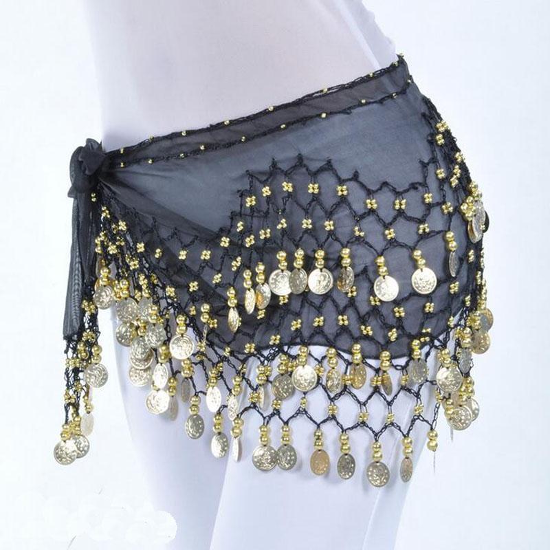 

Hot-selling 128 Coins Belly Dance Hip Scarf Sexy Belly Dancing Belt Waist Chain chiffon hip Scarves 13 colors with gold coins, White