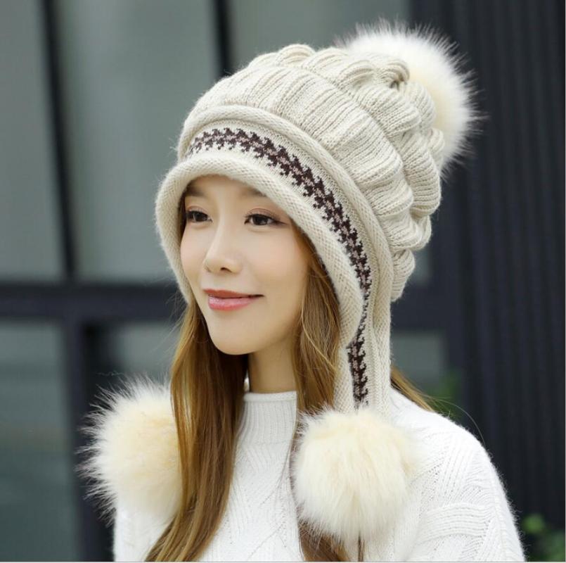 

2020 Ladies Hat Wool Hat Sanmao Ball Back Open Knit Plus Velvet Thick Knit Warm Girl Autumn And Winter Ear Protection, Black