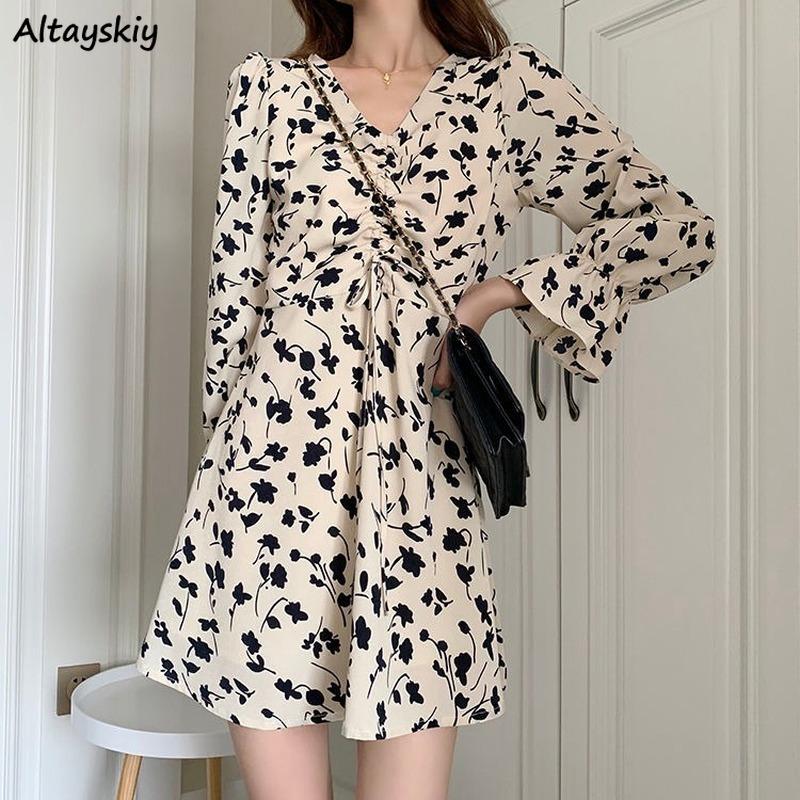 

Long Sleeve Dress Women Floral Print Spring Basic Slim Temperament Lightweight V-neck Elegant Sweet Lady Dresses Apricot Classy, Beige