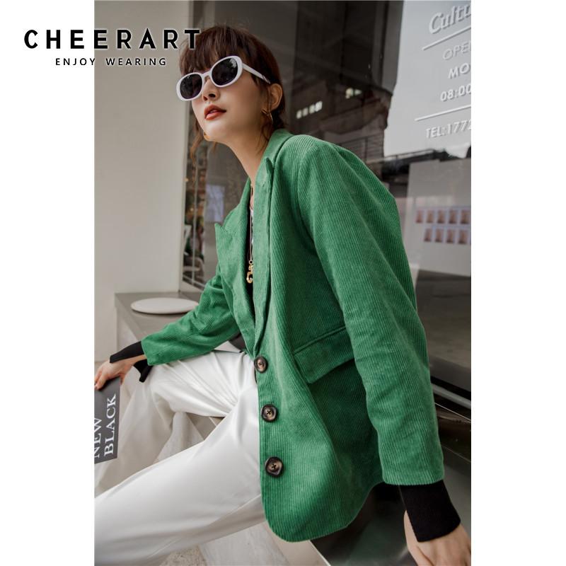 

CHEERART Corduroy Green Blazer Women Tweed Blazers And Jackets Ladies Blazers Coats Suit Jacket 2020 Autumn Clothing, As pic