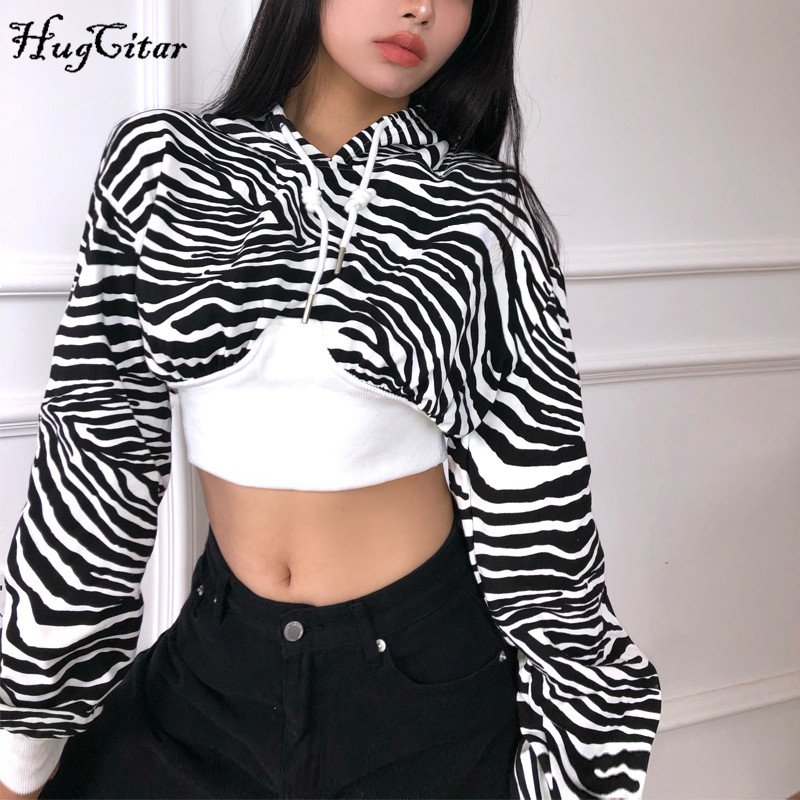 

Casual coat 2020 Zebra Print Hooded Cropped Sweatshirts Autumn Winter Women Fashion Streetwear Outfits Patchwork Hoodies Pullovers, Black