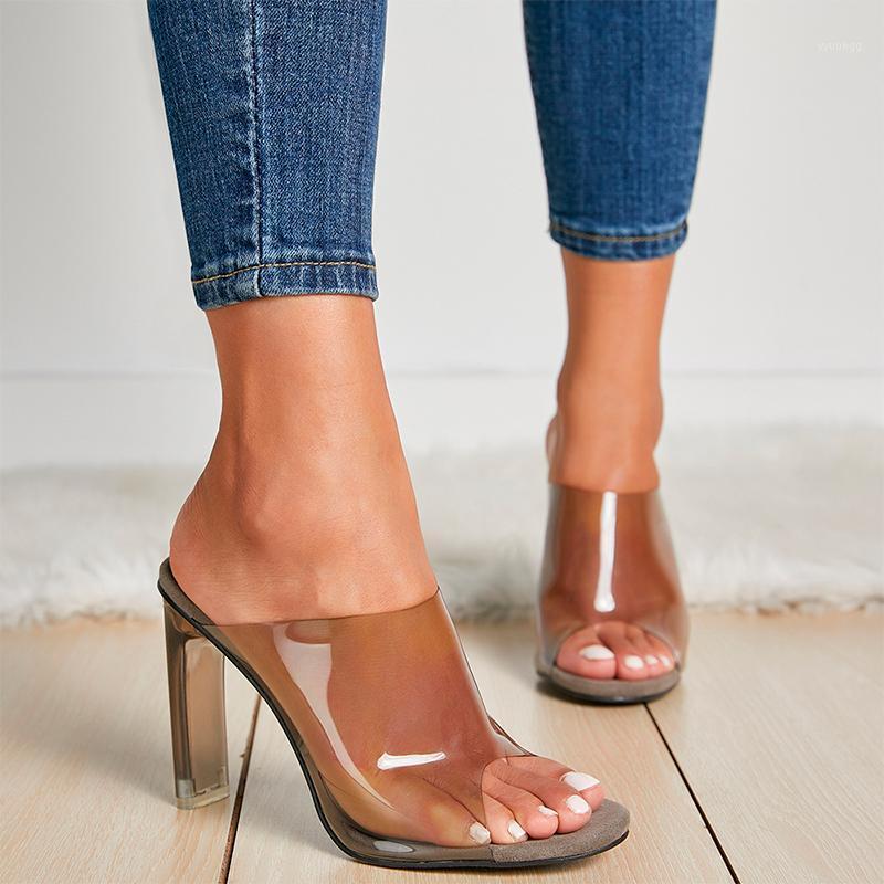

CJDLY HOT PVC Crystal Square heel Transparent Clear High heels Women Slippers Summer Sandals Pumps 11cm size 35-421, Gray