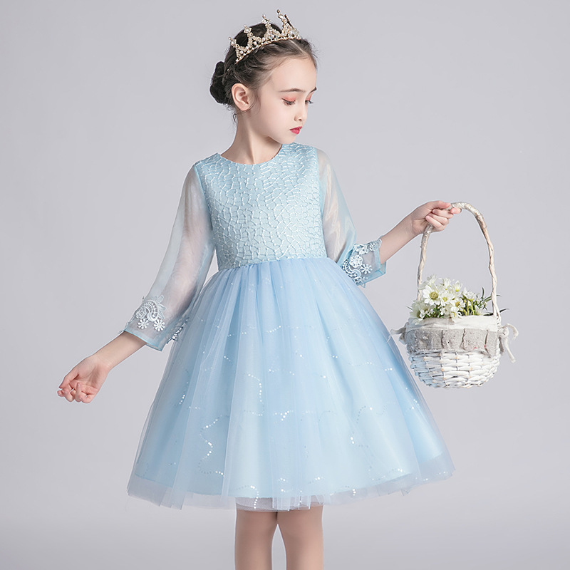

2021 New Sequined Embroidery Mesh Baptismal for Elegant Wedding Princess Baby Girl Kids Clothes 4-9y 2 Color Xdyz, White
