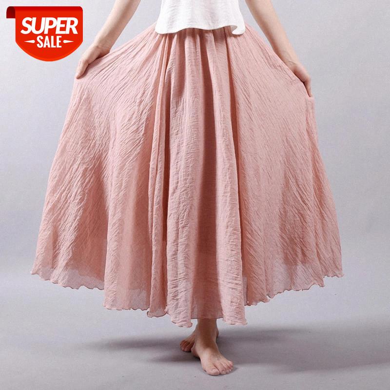 

Women's Elegant High Waist Linen Maxi Skirt 2020 Summer Ladies Casual Elastic Waist 2 Layers Skirts saia feminina #gA1v, White;black