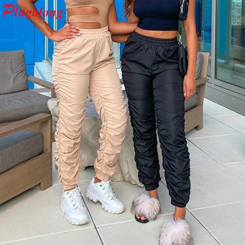 

Plugalong Pleated Stacked Pencil Pants Women Streetwear Baggy High Waisted Trousers Sweatpants Casual Wide Leg Joggers Oversized, Black
