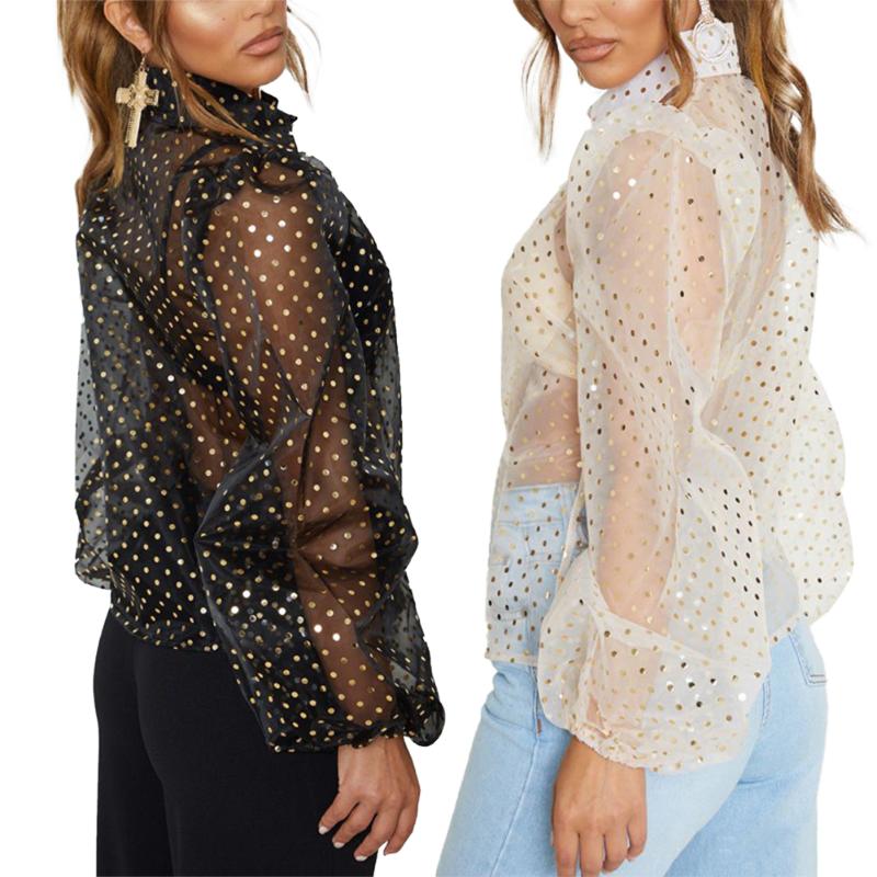 

Women Mesh Sheer Long Puff Sleeve Perspective Top Ladies Party Club Casual Blouse Tee Fashion Sexy See-Through Loose Shirt