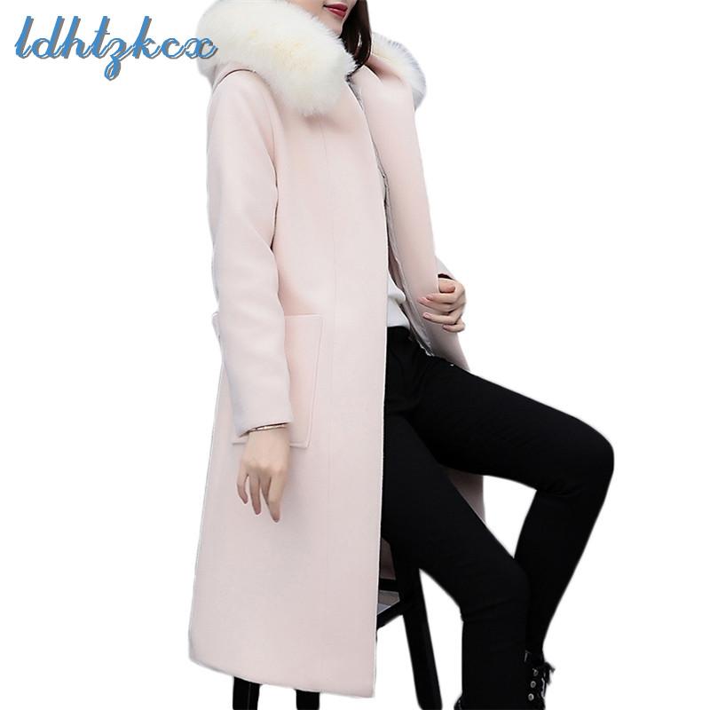 

Winter Coat Women Black Plus Size Big Fur Collar Hooded Wool Coats 2020 New Korean Bow Adjustable Waist Long Slim Clothing LD693, Beige