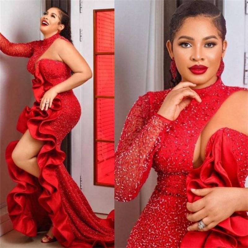 

Sexy Red Mermaid Prom Dresses Side Split Ruffles High Neck Plus Size Evening Gowns 2021 New vestido de novia, Orange