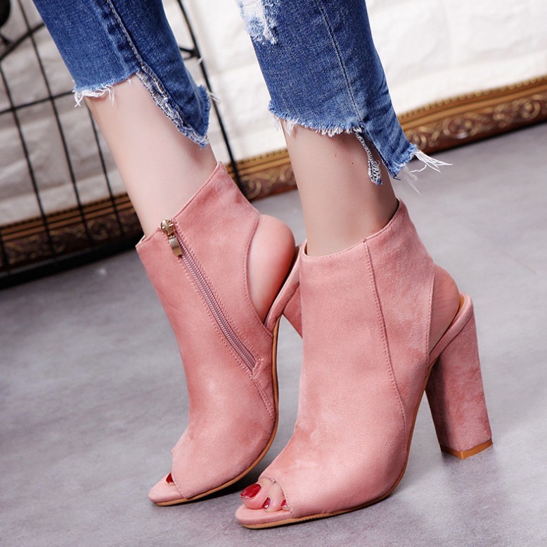 

2021 New Women Fashion Peep Toe Shoes Woman with Zipper Flock Vamp High Heel Boots Heels Ankle Booties Khug, Beige
