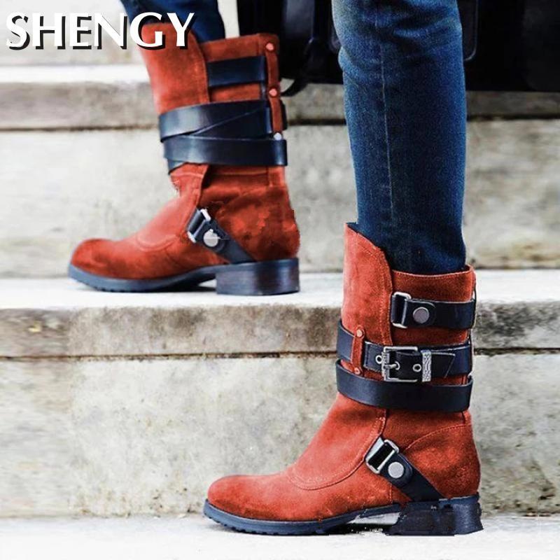 

Women Mid Calf Boots Autumn Platform Buckle Strap Round Toe Males Shoes Flock Fashion Retro Outdoor 2020 New Ladies Shoes, Grey