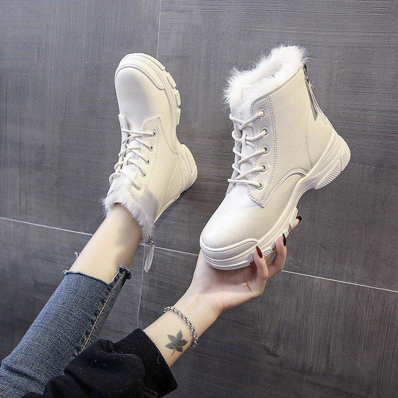 

New Zipper Ladies Boots Round Toe Winter Women Shoes Lace-up Ankle Boots Solid PU Leather Comfortable Flat Botines Mujer, Creamy-white