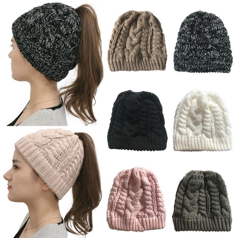 

Winter Knitted Winter Beanie Hats for Women Messy Bun Warm Stretch Cable Knit Skull Caps Chic Headwears, White