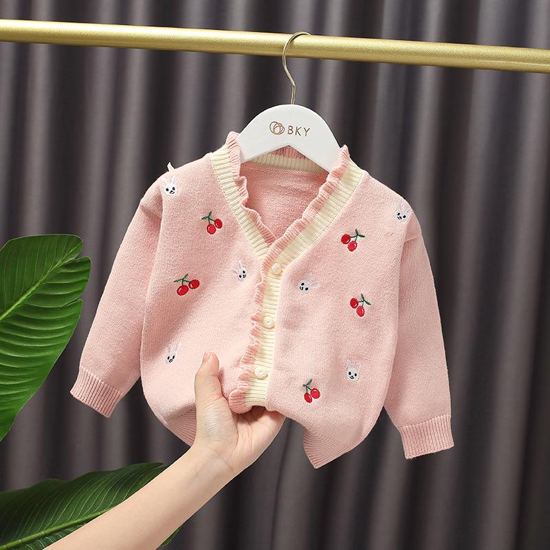 

Autumn New Children's Cherry Cartoon Cute Knitted Sweater Baby girls Lace V-neck Embroidered Princess Coat Kids, Beige