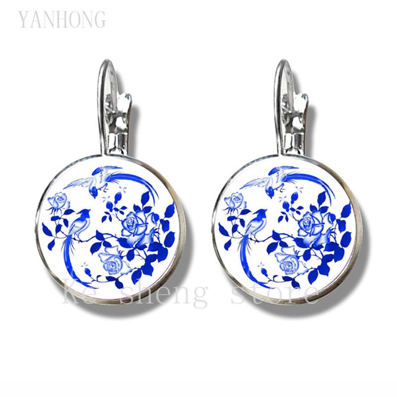 

Mandarin duck water playing female ear clip, China blue and white porcelain, porcelain earrings, glass dome, 18mm earrings, jewe