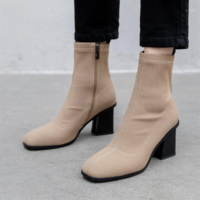 

Plus Size 34-43 Women's Boots Square Toe Elastic Ankle Boots Thick Heel High Heels Shoes Woman Female Socks 2020 Fashion1, Beige