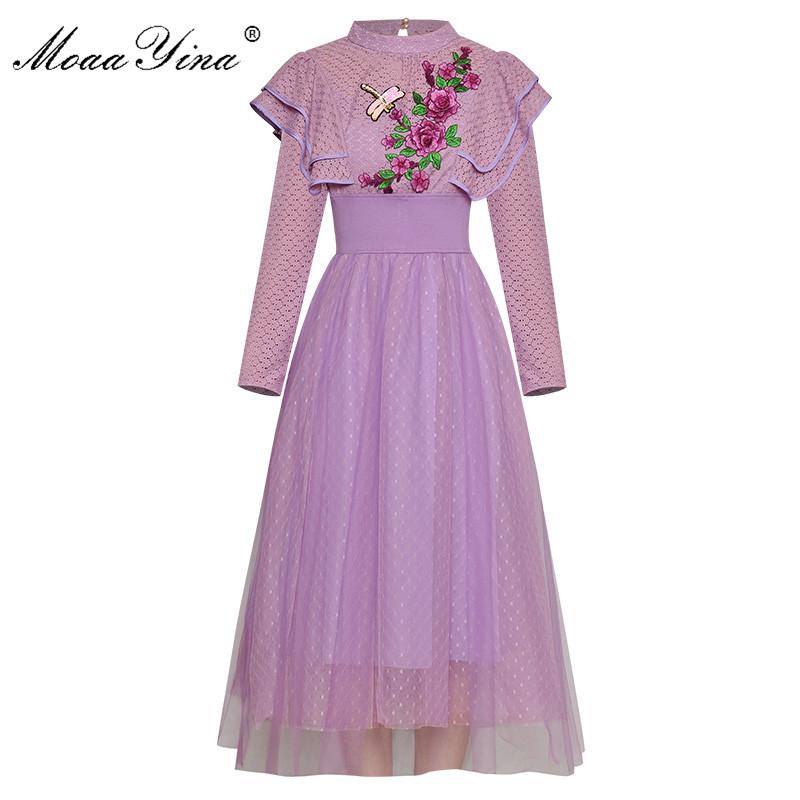 

MoaaYina Fashion Designer Runway dress Spring Autumn Women' Dress Ruffles Long sleeve Beading Sequin Embroidery Slim Dresses, Lavender