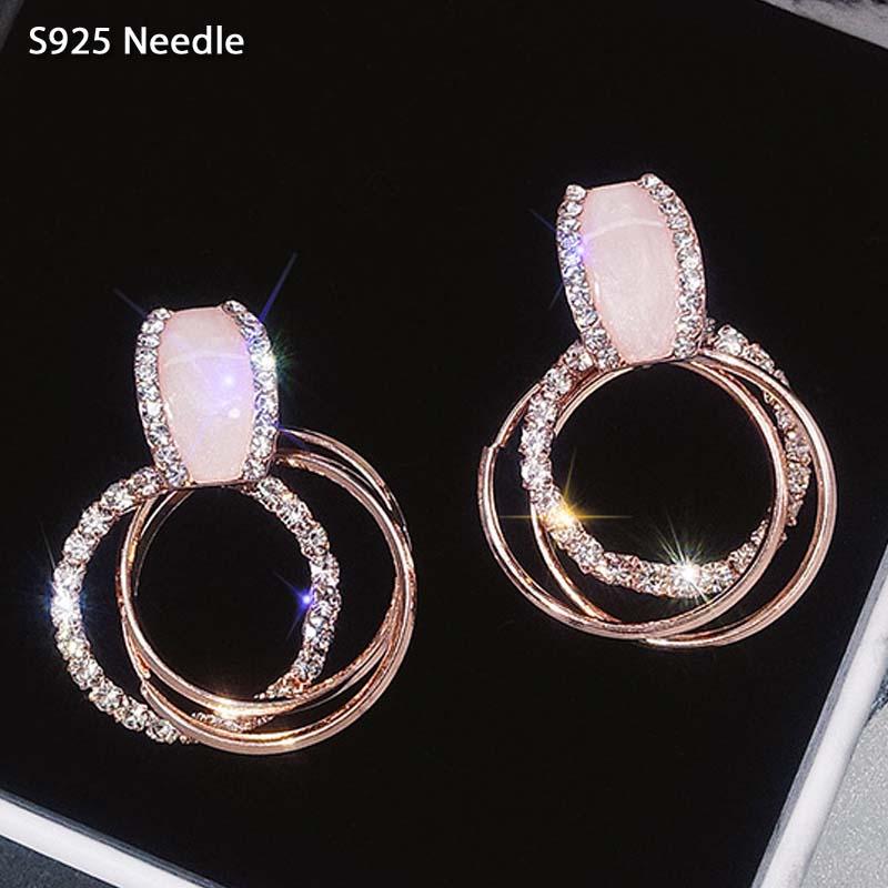 

Stud Real 925 Sterling Silver Needle Earrings For Women Jewelry Round Hoop Rhinestone Rose Gold Female Elegant Party