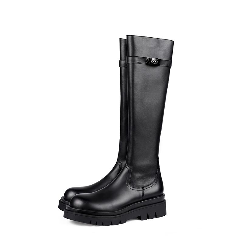 

Stylesowner New Coming Knee-High Genuine Leather Motorcycle Boots Woman Winter Knight Leather Long Boots Flat Black Trend Star
