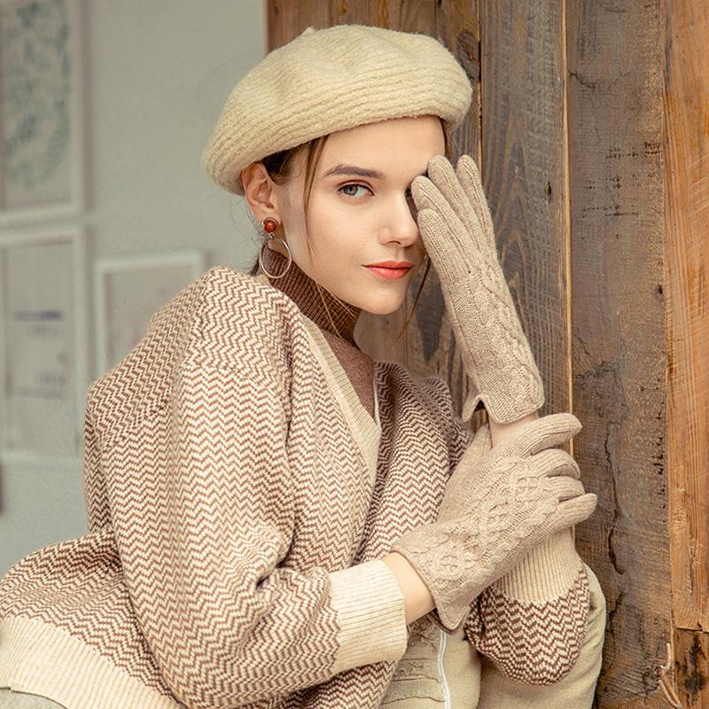 

FS Autumn Winter Elegant Knitted Wool Gloves Women Plus Velvet Warm Touch Screen Full Finger Gloves Khaki Gray
