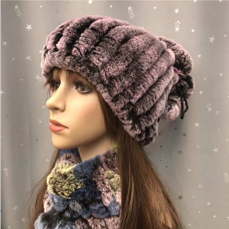 

Beanie/Skull Caps Real Rex Fur Hat For Women Winter Autumn Scarf With Pompom Blue Girls Muffler H21, White