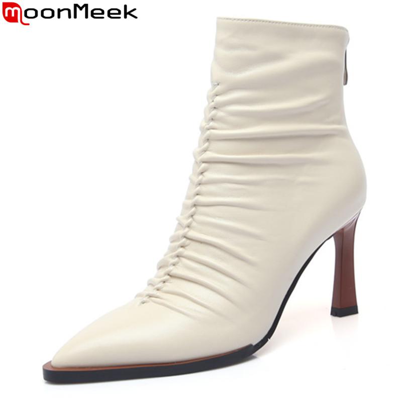 

MoonMeek 2020 New arrival women boots genuine leather boots fashion high heels shoes woman ankle black rice white