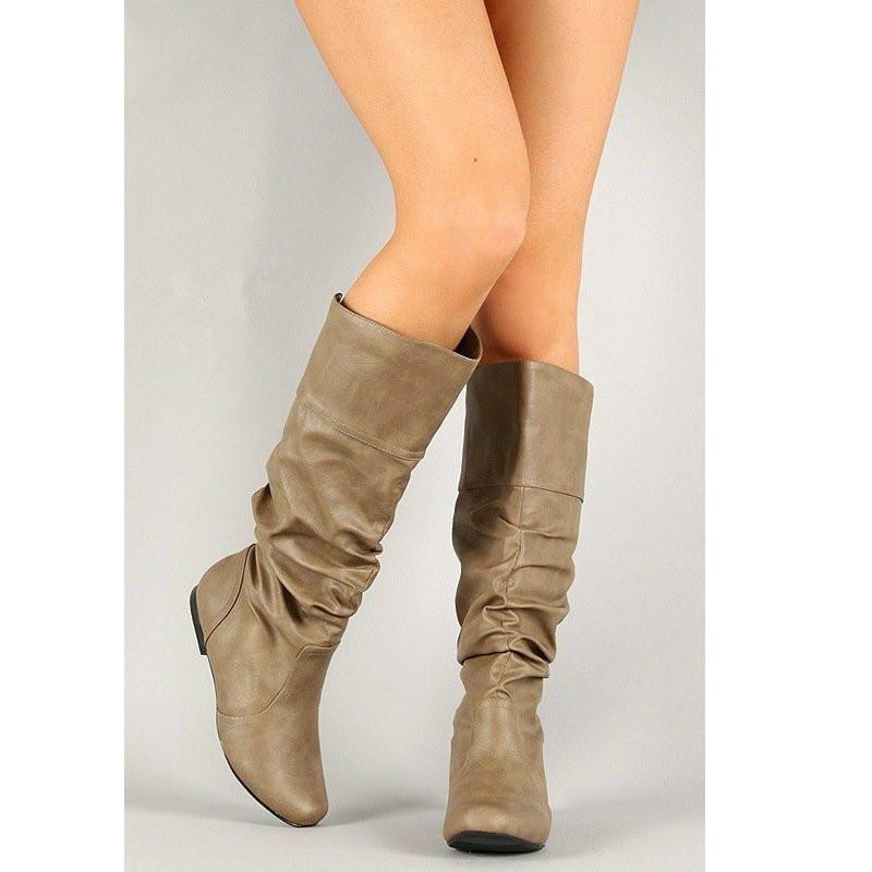 

2020 New Winter Women's Boots Women's Fashion Flat-heel PU High-top Snow Boots Round Toe Mid-Calf Warm Zapatos De Mujer, Khaki