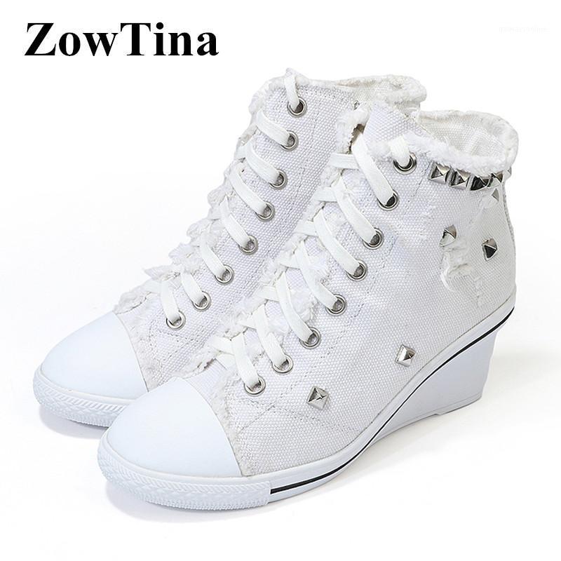 

White Denim Women Ankle Boots Studded Decor Wedge Pumps Lace Up Casual Botines Mujer Fashion Short Cowgirls Bottines Femme Heels1