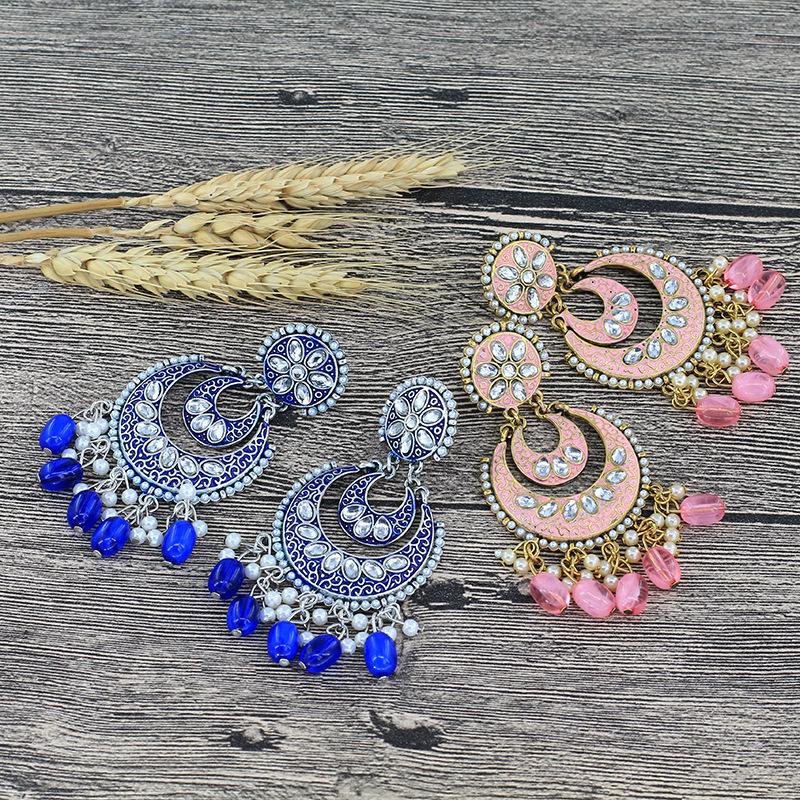 

Classic Oxidized Jewelry Earring Boho Crystal Pearl Chandbali Bollywood Party Wedding Wear Double Moon Earrings for Women