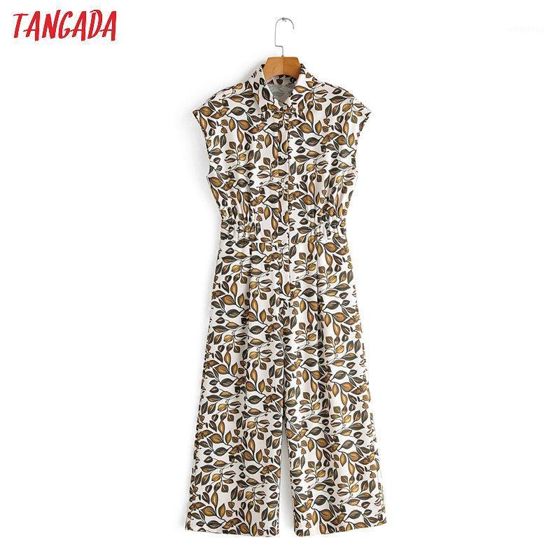 

Tangada Women summer leaf print long jumpsuit short Sleeve turn down collar female casual Jumpsuit 1F761, Multi