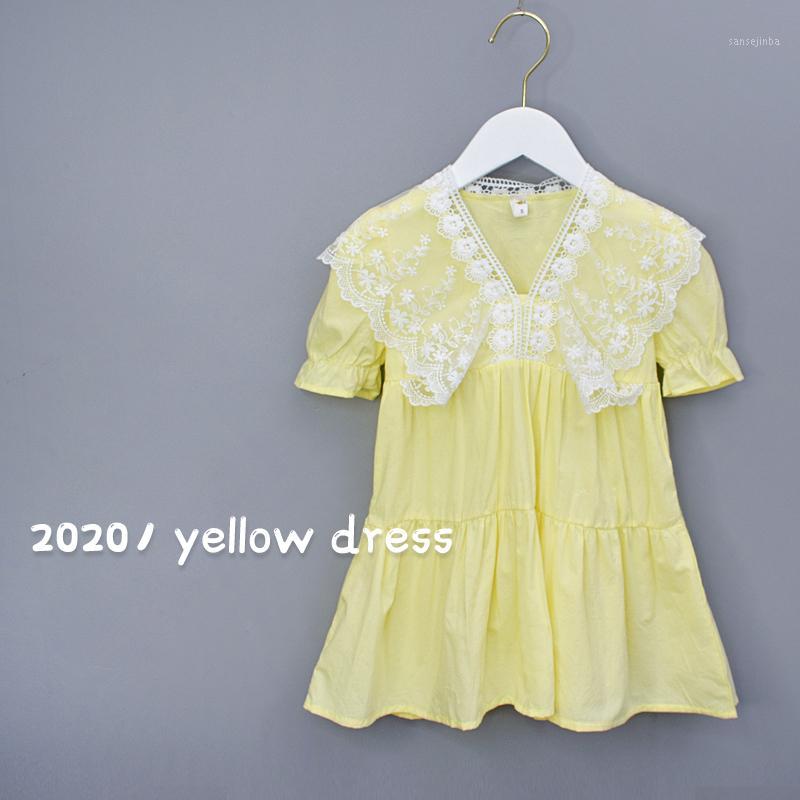 

New Summer Girls Lace Dress Fashion Designed Solid Short Sleeve Children Clothing for Birthday Wedding Party Kids Vestidos1, Yellow