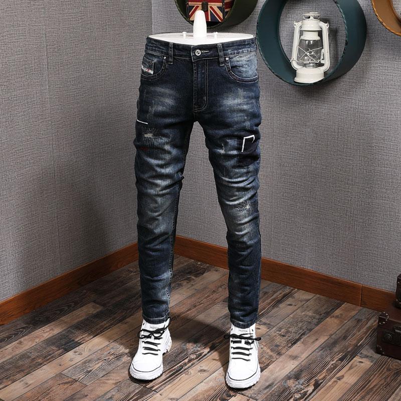 

Korean Style Fashion Designer Men Jeans Retro Blue Elastic Slim Fit Ripped Denim Long Pants Embroidery Hip Hop Vintage Trousers, Retro dark blue