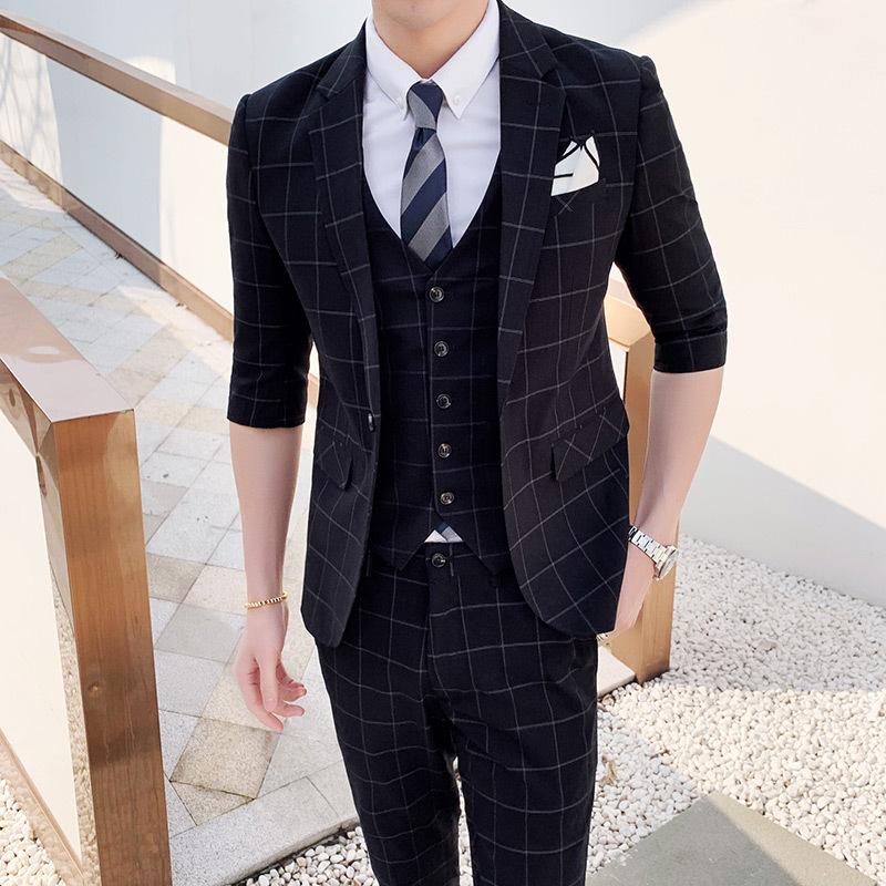 

Men Plaid Seven-point Sleeve Suit Set Three-piece Suits Male One Button Business Casual Dress Terno Slim Masculino, Black
