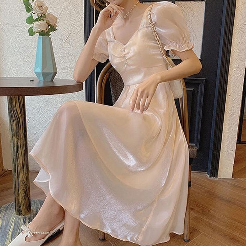 

Casual Dresses Sleeve O Neck Party Dress 2022 Summer Women A Line Solid French Princess Long Vestidos 14186, Black;gray