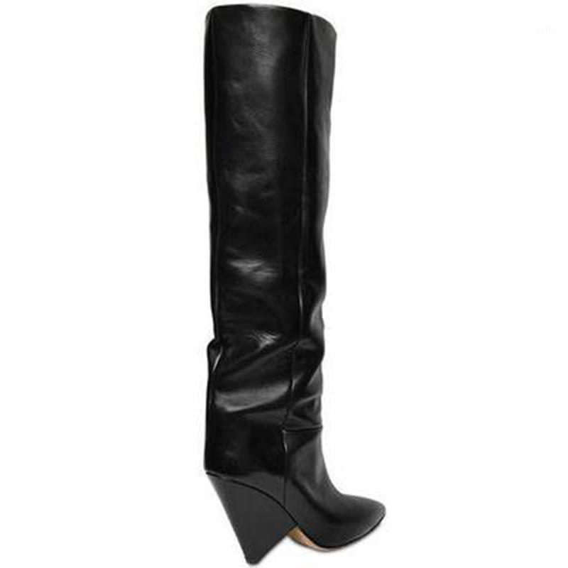 

Chunky Spike Heels Black Knee High Boots Woman Long Leather Boots Sexy Pointed Toe Gladiator Knight Fashion Large Size521, As picture