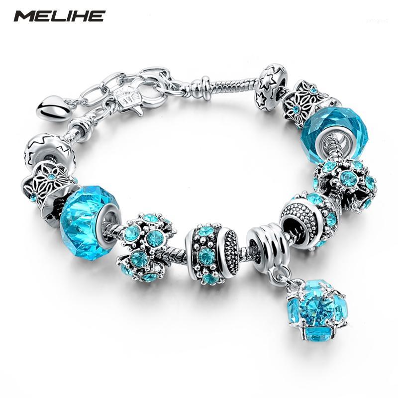 

Charm Bracelets MELIHE Pink/Blue/Purple Crystal Beads For Women Silver Plated & Bangles Femme Pulseras SBR1502921