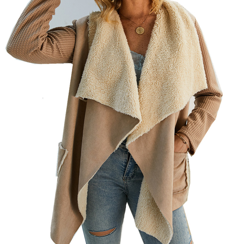 

2021 New Womens Color Thin Winter Knitting Fabric Thick Coat Warm Turn-down Collar Jacket 6RW5, Khaki.
