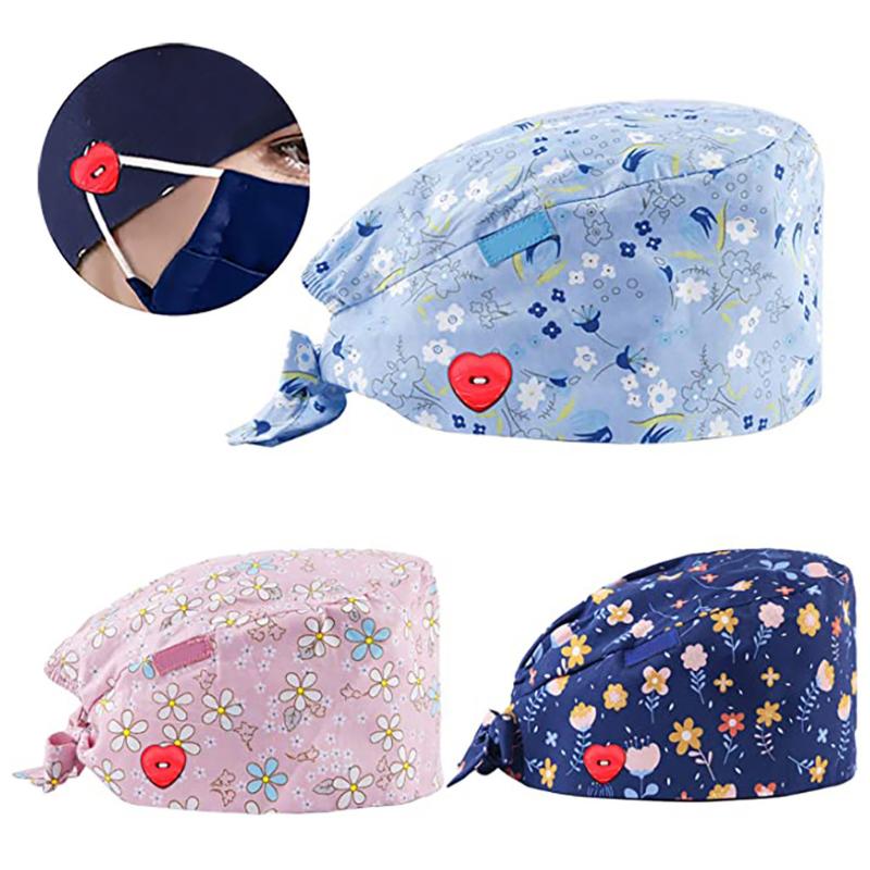 

3pcs Scrub Cap Fashion Button Print Work Hat Casual Unisex Scrub Cap Ear Protection Hats Casquette Chirurgicale 2020 #T2G