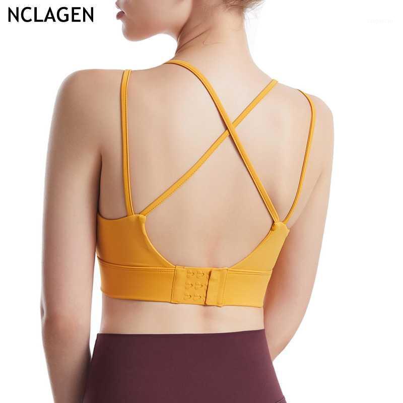

NCLAGEN Gym Sport Workout Running Sexy Fitness High Elastic Halter Women Underwear Cross Back Buckle Push-up Yoga Bra Crop Top1, Purple