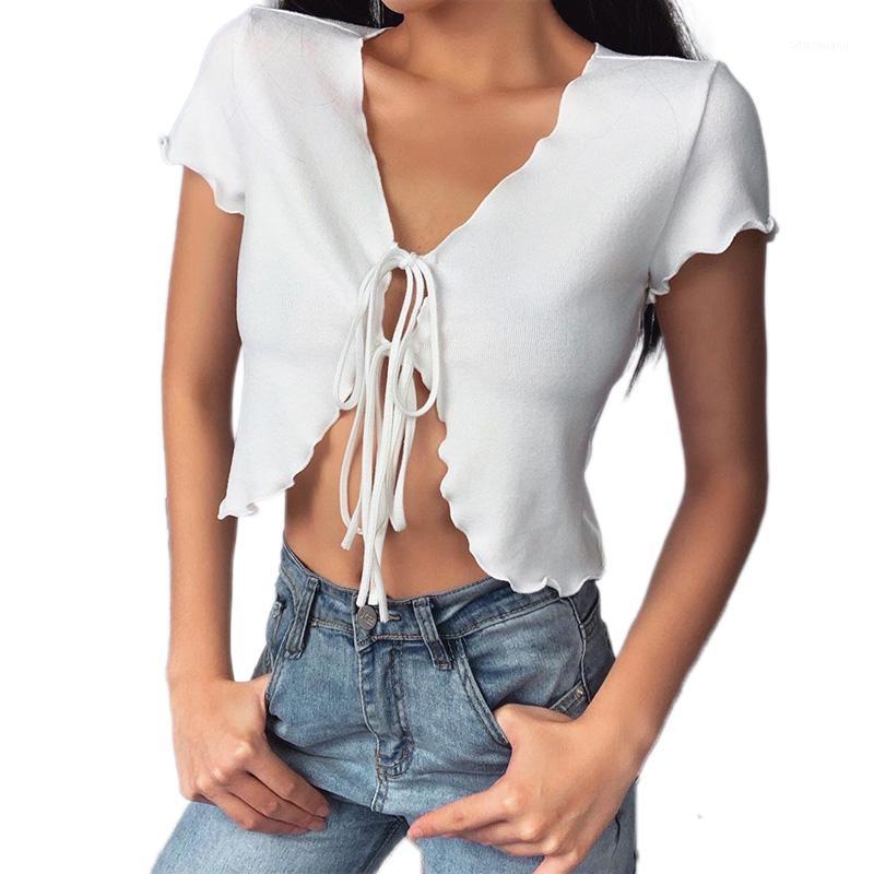 

Women's Blouses & Shirts Women White Knitted Short Sleeve Deep V-Neck Open Front Lace-Up Crop Tops Cardigan Lady Loose Top1