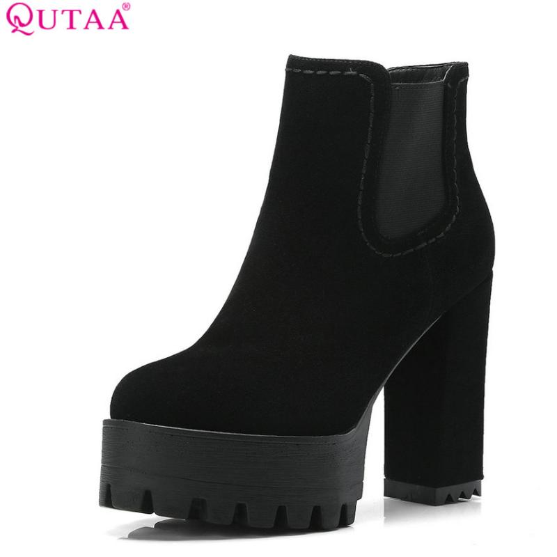 

QUTAA 2021 Women Ankle Boots Synthetic Sexy Women Shoes Platform Square High Heel Winter Shoes Boots Big Size 34-42, Black