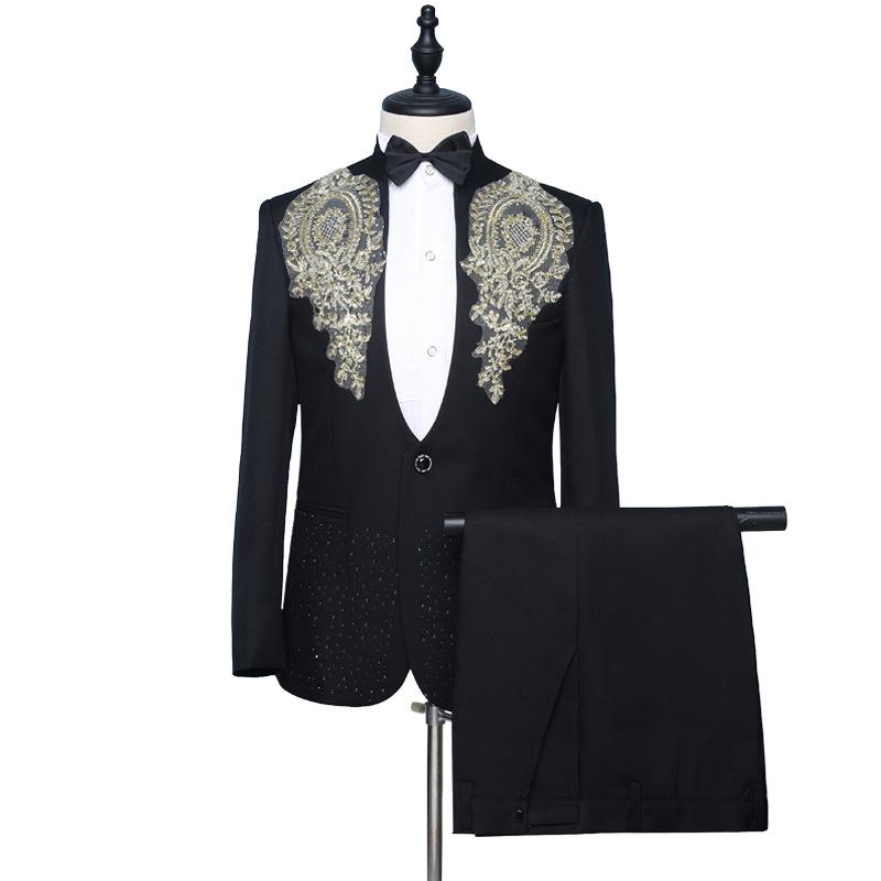 

Banquet Men Party Suit Chorus Performance Embroidery Sequin Tuxedos Stand Collar Wedding Groom Party Prom 2 Pieces Stage Costume, Black